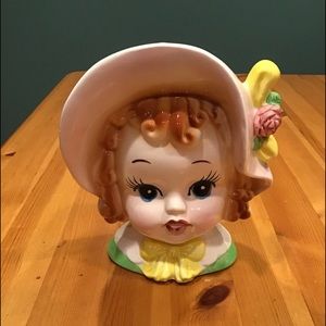 VINTAGE LADY HEAD VASE NANCY PEW LITTLE GIRL GINGER HAIR BONNET